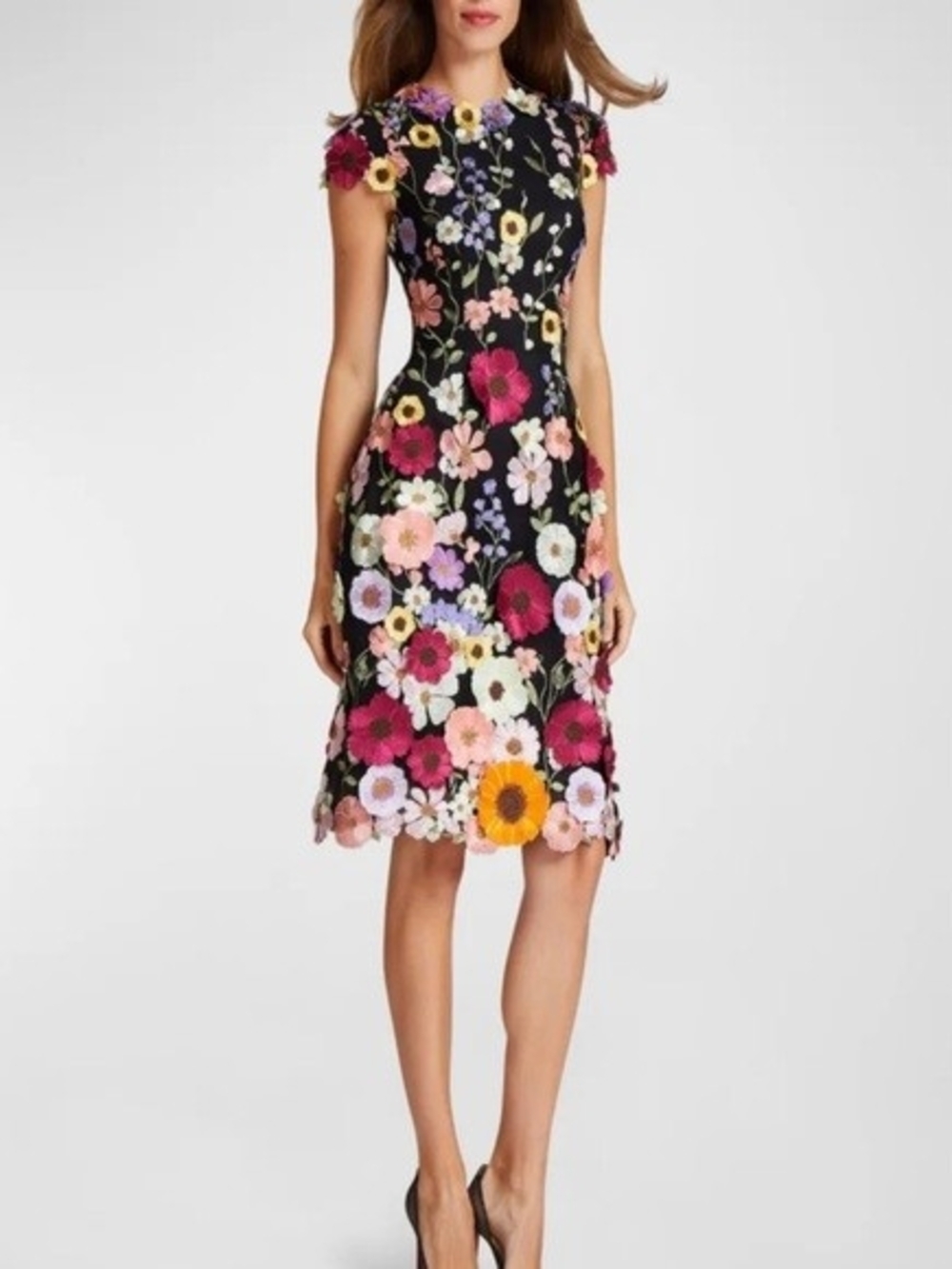 NWT Teri Jon Floral Appliqué Black Fit & Flare Dress